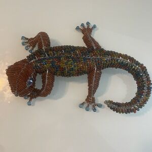 Decorative Bearded Dragon Sculpture Lizard, Gecko, Wire And Beads, Unique!